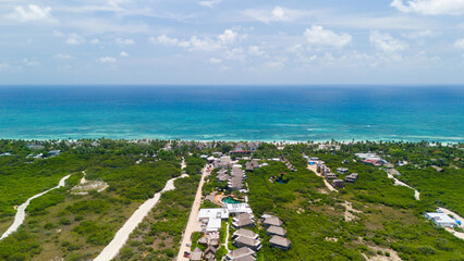 Aerial drone view of Tulum beach in Mexico