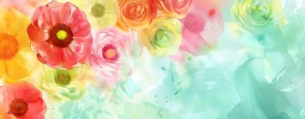 colorful ranunculus flowers green background watercolor style - obrazy, fototapety, plakaty