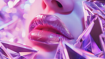 Close-up of Mouth with Light Pink Lipstick, Surrounded by Crystals in the Background Composition