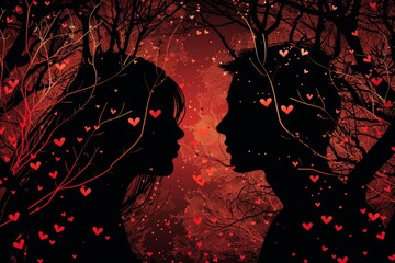 Romantic silhouettes in a heart-filled forest