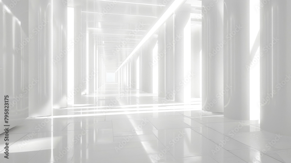 Poster modern minimalistic white hallway with a sequence of pillars and bright natural light