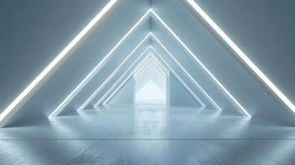Futuristic minimalist corridor with glowing triangular light fixtures and a reflective floor - obrazy, fototapety, plakaty