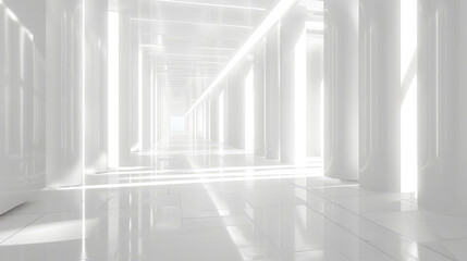 Modern minimalistic white hallway with a sequence of pillars and bright natural light