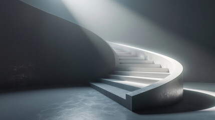 Modern curved staircase with dramatic lighting in a large, dimly lit environment - obrazy, fototapety, plakaty
