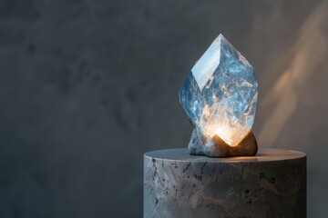 Glowing crystal on wooden pedestal