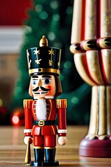 Traditional nutcracker soldiers decoration on Christmas festive background. Generative AI - obrazy, fototapety, plakaty
