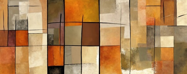 Cubist warm neutrals painting made with digital art sponging on canvas. Contemporary painting. Modern poster for wall decoration - obrazy, fototapety, plakaty