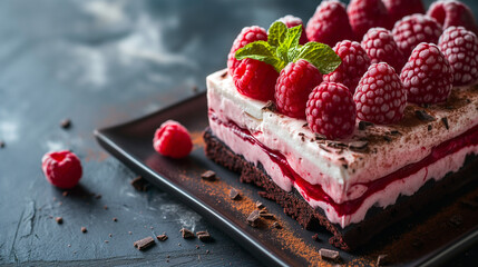 Raspberry ice box cake with chocolate crust - obrazy, fototapety, plakaty