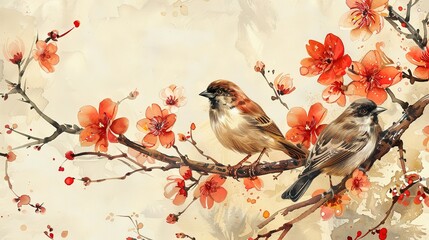 Birds in branches flowers floral background with flowers - obrazy, fototapety, plakaty