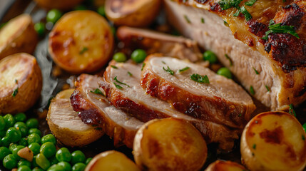 Sliced roast pork loin with potatoes - 795823756