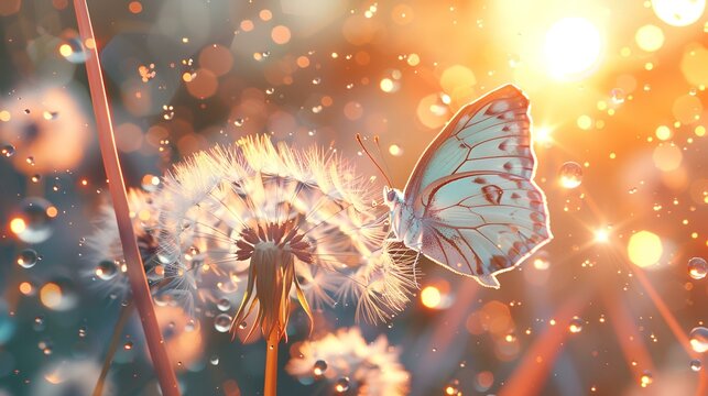 Fototapeta Butterfly on dandelion flower with bokeh background