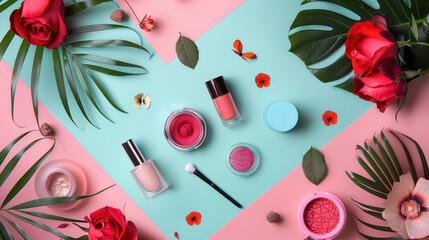 beauty products and tropical flora on pastel background for cosmetic branding