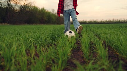 child kid baby girl run across green lawn sunset, kicking soccer ball, playing football field,...