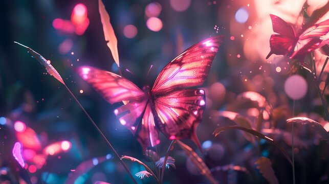 Neon butterfly on abstract background. Bokeh lights. Glowing butterfly.