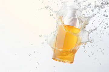 A beauty cosmetic bottle dropping into water. face or body serum product mock up