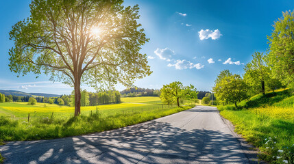 asphalt road panorama in countryside on sunny spring with the sun shining through the trees