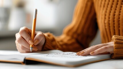Closeup of woman hand writing something with pen in a notebook on the table. AI generated image