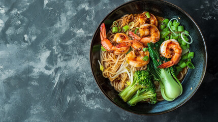 Chinese noodle bowl with spicy shrimp and vegetables