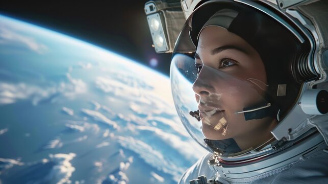 Closeup portrait of female astronaut spacewalk in space planet background. AI generated image