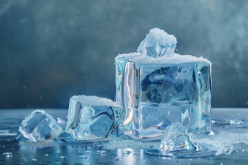 crystalline ice cubes with snow on dark backdrop for winter freshness theme