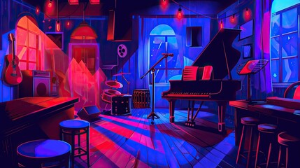 blue purple red cartoon jazz club background 