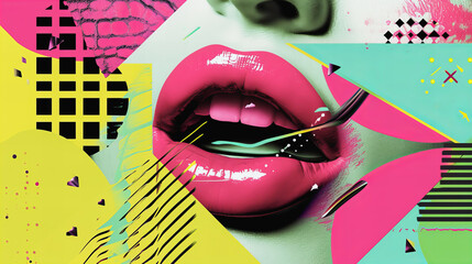 Mouth with Dark Pink Lipstick on 90s Style Cutout Background: Colorful Paper and Strokes