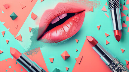 Mouth with Dark Pink Lipstick on 90s Style Cutout Background: Colorful Paper and Strokes