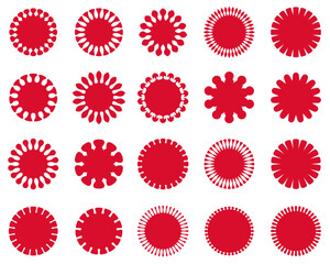 A vibrant array of red circular designs with various intricate edges, ideal for bold graphical projects.