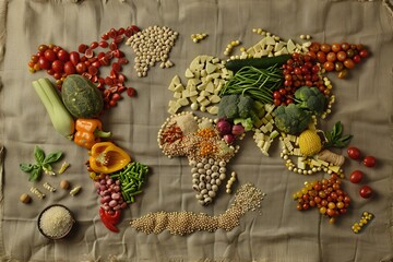 Naklejka premium A world map creatively arranged with diverse foods representing different global cuisines on a textured cloth background.