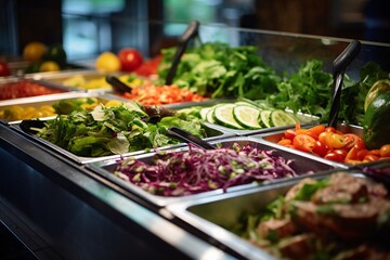 Obraz premium An assortment of fresh vegetables displayed in a salad bar, including sliced cucumbers, tomatoes, and mixed greens under bright lighting.