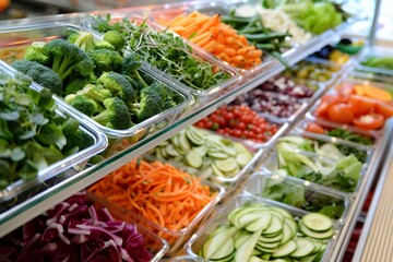 Various fresh vegetables displayed neatly in containers at a salad bar.