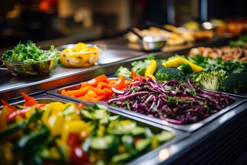 Obraz premium Various fresh vegetables displayed in a salad bar, including trays of peppers, lettuce, and broccoli, with visible tongs.