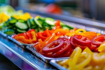Variety of sliced colorful bell peppers and cucumbers neatly arranged in a shiny metal salad bar.