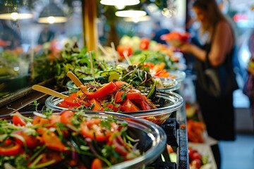 A vibrant display of fresh vegetables in a restaurant's salad bar, featuring bowls of tomatoes, greens, and cucumbers.