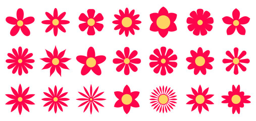 A vibrant collection of red flowers with yellow centers presented in various stylized forms, evoking a playful and cheerful floral pattern on a white background.