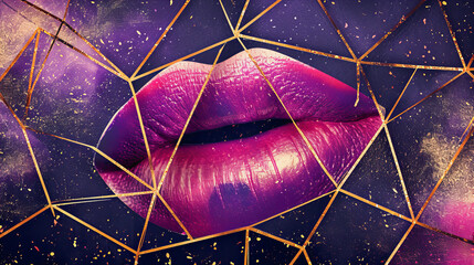 Mouth with Metallic Violet Lipstick in Mixed Composition with Clouds Background and Makeup