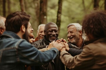 Group of senior friends greeting each other in the forest. Selective focus.