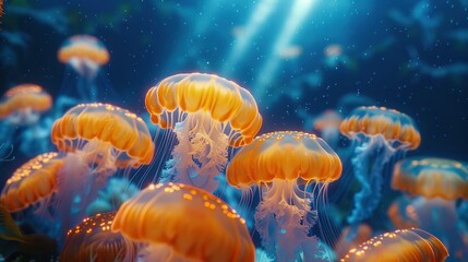 Blue sea bottom, vista, there are beautiful corals on the sea bottom, the sea floor is wide, clean, glowing jellyfish swimming in the water