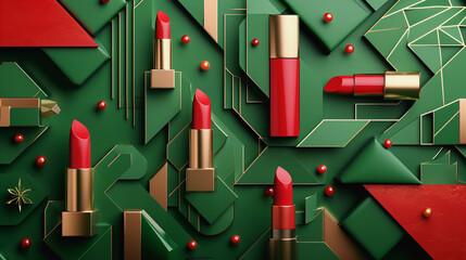 Mouth with Red Lipstick on Background of Abstract Green Geometric Shapes