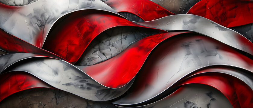 This abstract art piece features curved red and grey metallic shapes intertwining. The bold red curves contrast with the muted, industrial feel of the grey curves