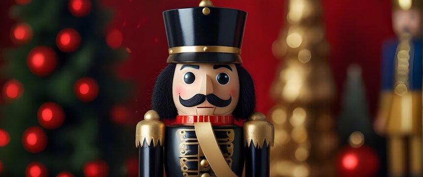 Traditional nutcracker soldiers decoration on Christmas festive background. Generative AI