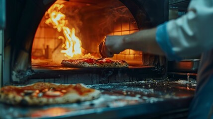 close-up of a person putting a pizza in the oven