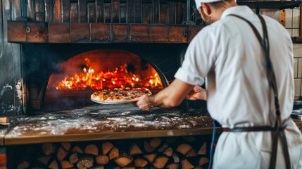man making a pizza in an oven