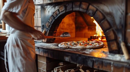 close-up of a person putting a pizza in the oven in a pizzeria