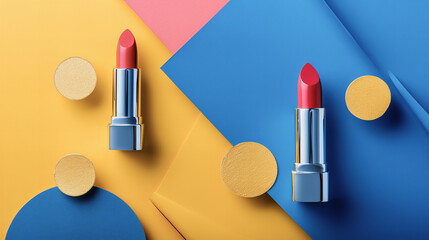 Red and Light Red Lipsticks on Abstract Background of Violet and Yellow Cutouts: Artistic Composition