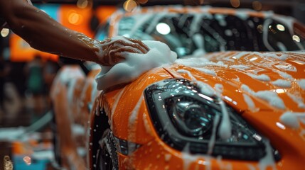 Closeup gand washing an orange sportscar - obrazy, fototapety, plakaty