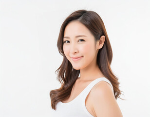 Beautiful natural Japanese women wear white tank top, white background.
