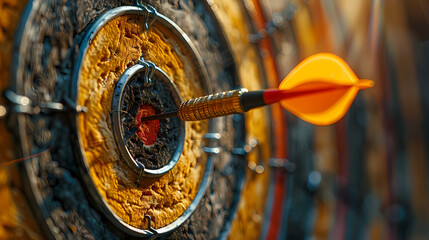 Dart in the middle of a bullseye reaching the target with good aim , success concept image