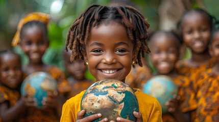 International day of peace concept with African Children holding earth globe. Group of African children holding planet earth over blurry nature background with copy space