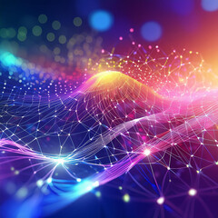 Obraz premium Neural network 3D illustration. Big data and cybersecurity. Data stream. Global database and artificial intelligence. Bright, colorful background with bokeh effect